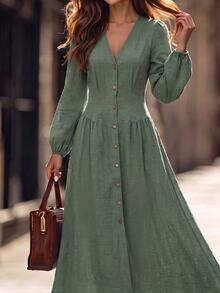 Editum Women's Elegant Button Pleated Waist Long Sleeve Dress - Dark Green - View 4