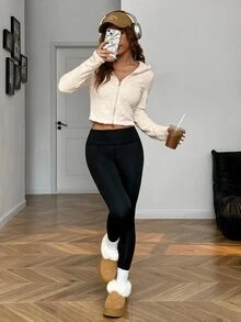 SHEIN EZwear جاكيت نسائي مبطن بالصوف مع بطانية رأس وسحاب - لون مشمشي - مشاهدة 5