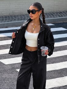 Muchica Black And White Striped Woven Women's Long Sleeve Pants Set, Autumn/Winter - Black - View 7