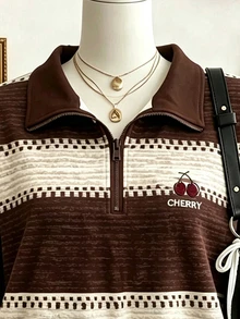 Lalippa 復古拼色條紋半拉鍊 Polo 領櫻桃刺繡短版長袖運動衫 - 彩色 - 查看 4