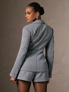 Hauture Women's Elegant Cinched Waist Casual Blazer, Textured Slim Fit, Autumn Office Chic Outerwear, Stylish Wear, Happy Hour, Holiday Party - Grey - View 5