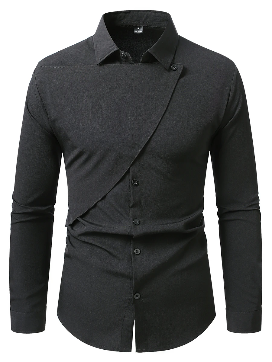 Calvornis Men's Solid Color Single-Breasted Fashion Casual Long Sleeve Shirt - Black - View 1