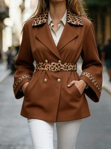 Balvessa Women's Elegant Versatile Loose Brown Leopard Print Patchwork Tie-Front Jacket, Autumn/Winter New Style - Brown - View 3