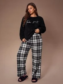 Lazeform Plus Size Casual Letter Embroidered Comfortable Plush Plaid Pajama Set 2 Pieces - Black - View 3