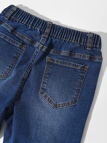 SHEIN Girls Y2K Style Elastic Flare Jeans, Vintage Blue Washed Denim With Elastic Waistband, Star Rhinestone Design, Fashionable Versatile For All Seasons - Dark Wash - View 6