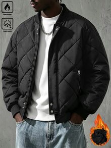 Manfinity Homme معطف رجالي مبطن حراري بتصميم مبطن ماسي وياقة بيسبول، إغلاق مزدوج بسحاب وأزرار، أكمام وحافة مضلعة، جاكيت بيسبول خارجي للتنقل اليومي في الخريف/الشتاء - الأسود - مشاهدة 5