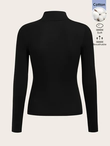 SHEIN BASICS 女款純色高領極簡時尚百搭長袖T恤 - 黑色 - 查看 2