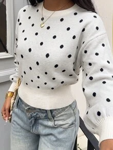 Dulcita Women's Casual Round Neck Polka Dot Long Sleeve Sweater - White - View 3