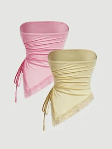 SHEIN MOD 2pcs Women's Bandeau Drawstring Asymmetrical Hem Pleated Split Top - Pink - View 2