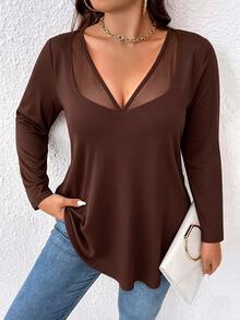 EMERY ROSE Women's Elegant Sexy Slimming Fitted Casual Minimalist Commute Versatile Mesh Patchwork V-Neck Design Long Sleeve T-Shirt - Brown - View 6