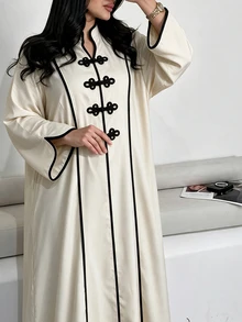 Al Najma Women's Apricot Colorblock Stand Collar Loose Fit Contrast Trim Long Sleeve Frog Button Romantic Elegant Plus Size Dress - Apricot - View 8