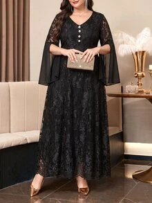 Reflora Plus Size Women's V-Neck Lace Patchwork Fashion Elegant Dress Fall - Black - View 4