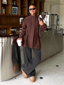 Muchica Women's Autumn/Winter New Brown Fleece Waist-Cinching Casual Jacket - Brown - View 4