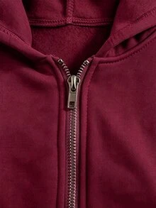 SHEIN 青少年女孩酒紅色拉鍊式落肩長袖休閒連帽衛衣外套，保暖內裡，基礎款，秋冬 Y2K 瑜伽度假派對適用 - 酒紅色 - 查看 4