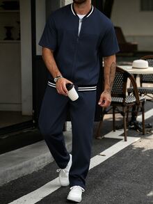 Manfinity CasualCool Men's Zipper Short Sleeve Contrast Color Shirt And Long Pants Set - Navy Blue - View 6
