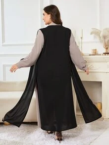 Al Najma 2 Pieces Style Khaki & Black Colorblock Button Decor Long Sleeve Loose Dress, Fashion Traditional Elegant Versatile Slimming Plus Size Arabian Dress - Black - View 2