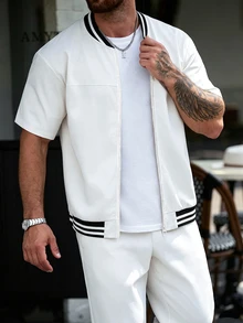 Manfinity CasualCool 男士拼接條紋棒球領短袖拉鍊上衣與長褲休閒套裝 - 白色 - 查看 4