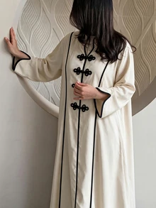 Al Najma Women's Apricot Colorblock Stand Collar Loose Fit Contrast Trim Long Sleeve Frog Button Romantic Elegant Plus Size Dress - Apricot - View 6