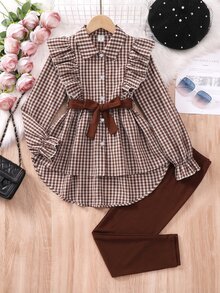 SHEIN Vintaside Kids 女童格紋梭織布長袖襯衫洋裝，附荷葉邊飾邊、腰帶與內搭褲套裝 - 棕色 - 查看 3