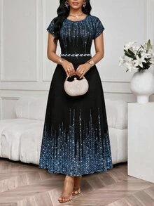 SHEIN Lady 大尺碼女款圓領短袖收腰優雅迷人洋裝 - 彩色 - 查看 6