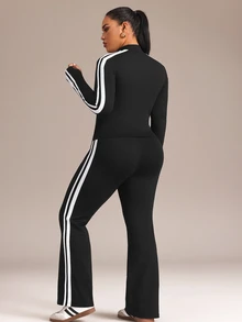Rhythm Era Plus Size Women's Long Sleeve Stand Collar Zipper Pants Casual Sports Set - Black - View 2
