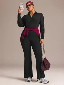 Rhythm Era Women's Plus Size Sports Tight Lifting Set, Sports Jacket With Mesh Patchwork Geometric Pattern And Yoga Pants, Suitable For Sports, Daily Wear, Yoga, Running - Black - View 4
