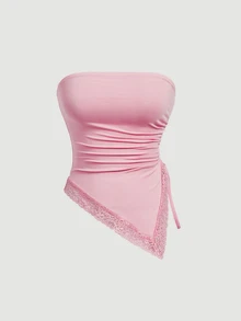 SHEIN MOD 2pcs Women's Bandeau Drawstring Asymmetrical Hem Pleated Split Top - Pink - View 8