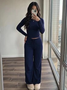 SHEIN Tween Girl Tween Girls T-Shirt Co-Ords Navy Blue Basic Minimalist Crew Neck Long Sleeve Pants 2 Pieces Set - Navy Blue - View 2