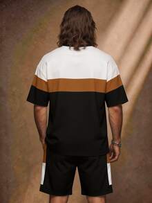 Fenqiro Men's Striped Colorblock Short Sleeve T-Shirt And Letter Print Shorts Set - Multicolor - View 2