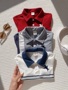 SHEIN 3件組男嬰秋冬休閒針織軟領短袖套頭 Polo 衫套裝，紅色 Polo 衫 - 彩色 - 查看 3