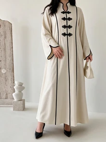 Al Najma Women's Apricot Colorblock Stand Collar Loose Fit Contrast Trim Long Sleeve Frog Button Romantic Elegant Plus Size Dress - Apricot - View 5