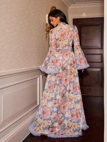 Slumberist Mesh Printed Patchwork 3D Pleated Lace Trim Sexy Nightgown - Multicolor - View 2
