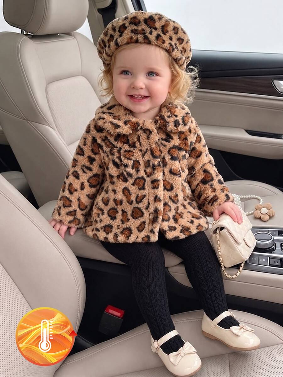 SHEIN Baby Girl Jacket Jacket Set Cute Plush Sweet Cardigan Beige Khaki Print Coats Puffer Jacket - Brown - View 1