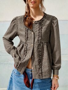 Trelyra 女款圓領荷葉花瓣袖復古格紋休閒長袖襯衫 - 棕色 - 查看 6