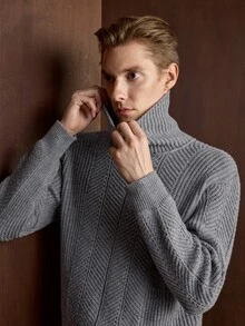 Manfinity CityGents 男士高領懶人長袖套頭毛衣，休閒針織秋冬服飾，灰色寬鬆時尚百搭人字紋長袖套頭毛衣 - 灰色 - 查看 2