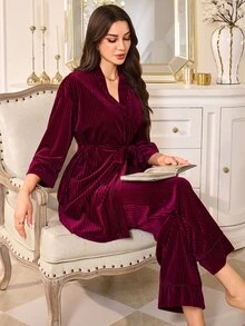 LuxeNights Purple Velvet Long Sleeve Pants Elegant Women's Pajama Set - Red Violet - View 1