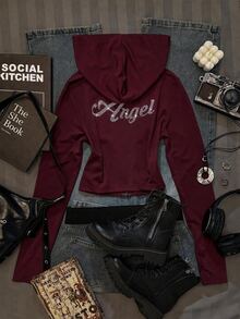 SHEIN EZwear 女款休閒極簡天使水鑽標語印花酒紅色修身連帽T恤，適合秋季 - 酒紅色 - 查看 8