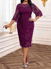 SHEIN Lady فستان أسود أنيق من الدانتيل للحفلات، مقاس كبير، مناسب للربيع والصيف والخريف والشتاء، فستان أسود صغير - أحمر بنفسجي - مشاهدة 6