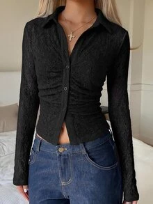 SHEIN EZwear 女款V領長袖單排扣純色上衣 - 黑色 - 查看 6