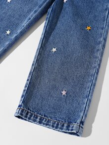 女童寬鬆直筒牛仔褲，彈性腰頭藍色水洗星星刺繡，休閒牛仔女孩風，適合學校、戶外、夏季 - 中等水洗藍 - 查看 4