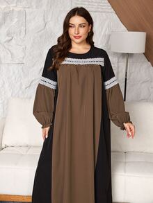 SHEIN Najma Plus Size Women's Loose Casual A-Line Round Neck Contrast Color Lace Puff Long Sleeve Patchwork Long Dress, Autumn - Black - View 1