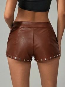 Avenya Sexy Low Waist Rivet PU Leather Mini Shorts - Coffee Brown - View 2