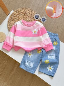 SHEIN Playful Pals 女嬰 T 恤套裝 2 件組 牛仔休閒套頭條紋印花長袖戶外穿搭套裝 卡其色與灰色配色 - 粉色 - 查看 3