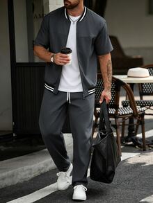 Manfinity CasualCool Men's Zipper Striped Short Sleeve Shirt And Drawstring Waist Pants Set - Dark Grey - View 3