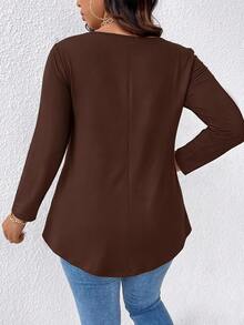 EMERY ROSE Women's Elegant Sexy Slimming Fitted Casual Minimalist Commute Versatile Mesh Patchwork V-Neck Design Long Sleeve T-Shirt - Brown - View 2