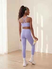 SHEIN Tween女孩3件套背心緊身褲長袖T恤返校季秋季Glowmode運動風丁香紫淺藍色運動休閒保守風 - 彩色 - 查看 4