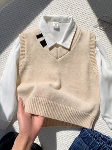 SHEIN 兒童小男孩休閒學院風百搭灰色條紋針織背心毛衣，適合春季、秋季、冬季與返校季 - 杏色 - 查看 1