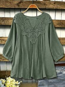 SHEIN LUNE CURVE Plus Size Women's Lace Collar Design Shirt, Fashionable Minimalist Casual Elegant Lazy Vacation Women's Clothing - Army Green - View 7