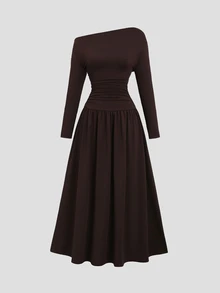 Sweetra New Elegant Asymmetrical Shoulder Waist-Flattering Slimming Long Sleeve Umbrella Hem Commuter Street Daily Fashion Coffee Long Dress - Coffee Brown - View 4
