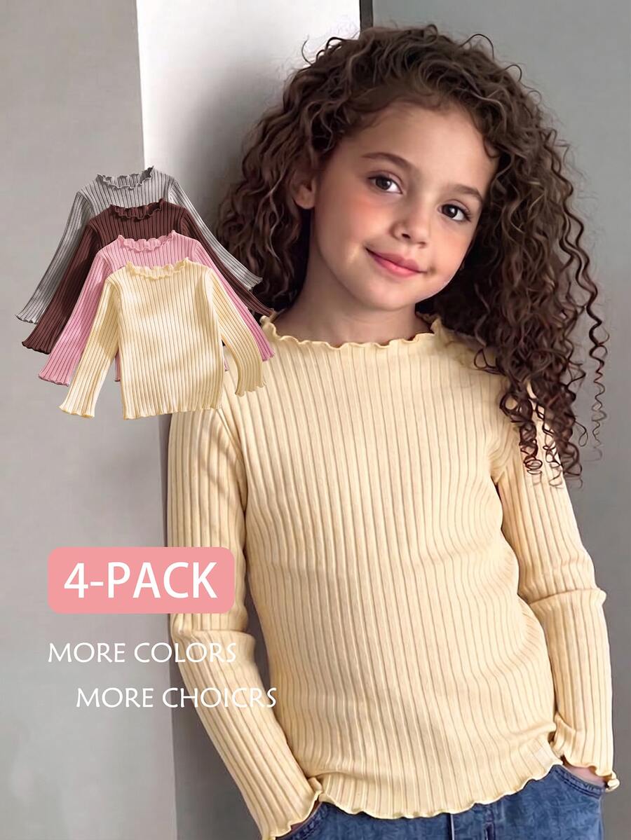 SHEIN Genkimix Kids 4件組女孩秋冬棉質羅紋素色荷葉邊長袖上衣,可愛T恤內搭層,適合春夏/秋冬,百搭時尚上衣,適用於學校、度假、日常穿著 - 彩色 - 查看 1